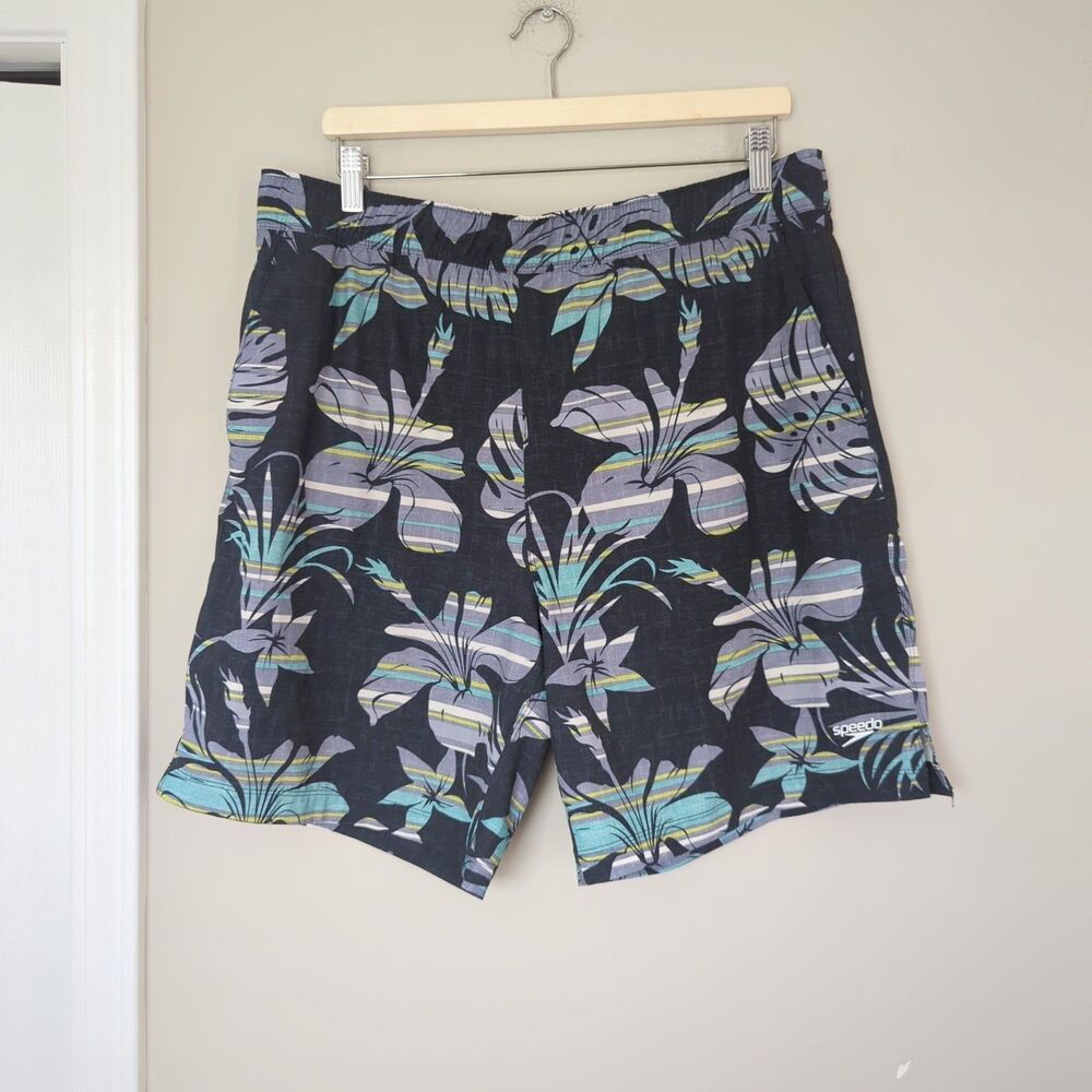 Speedo Men's Black Tropical Floral Swim Trunks Shorts Lining NO MESH Large